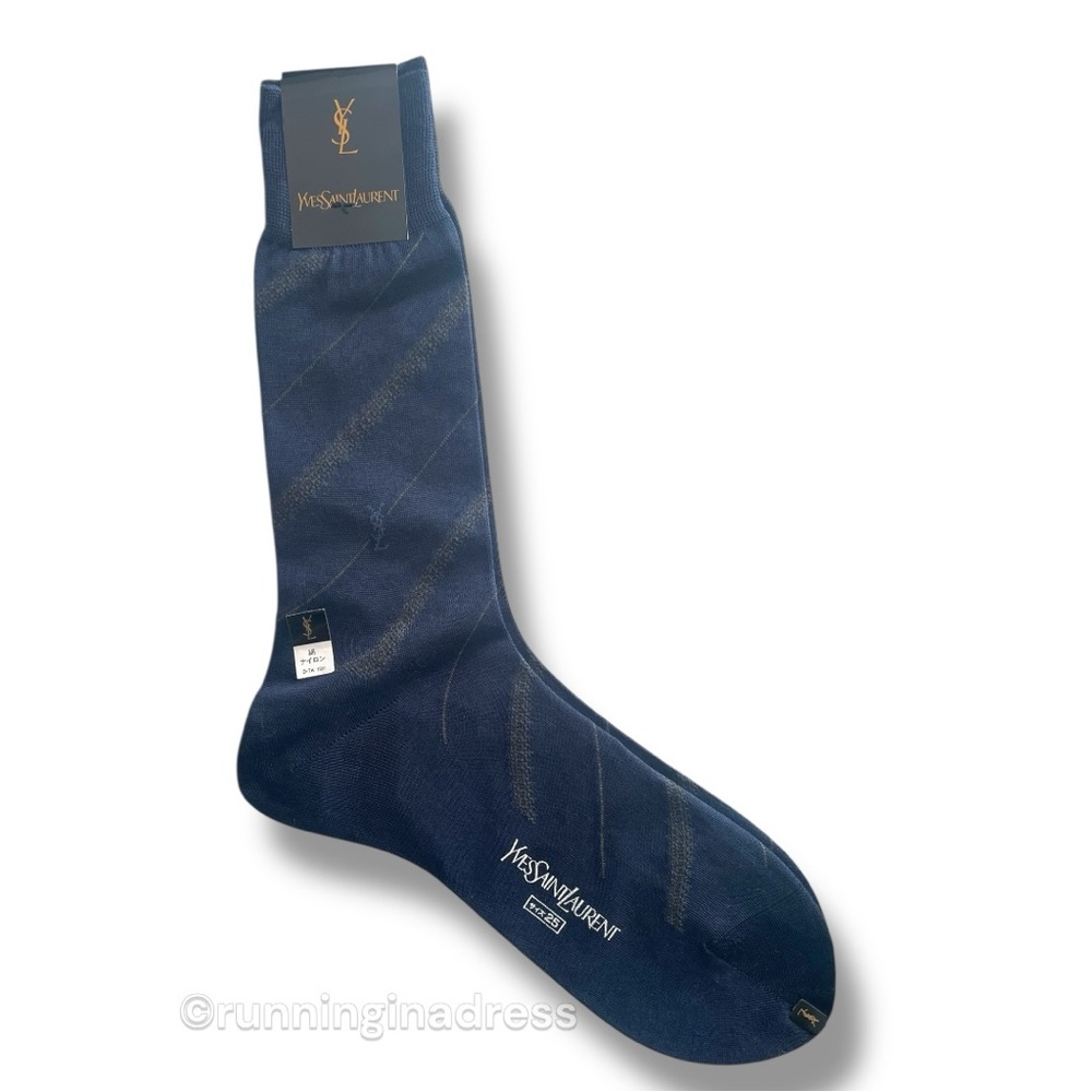 YSL Logo Men's Geometric Pattern YSL
Embroidery Dress Socks In Blue & Brown - Picture 4 of 9